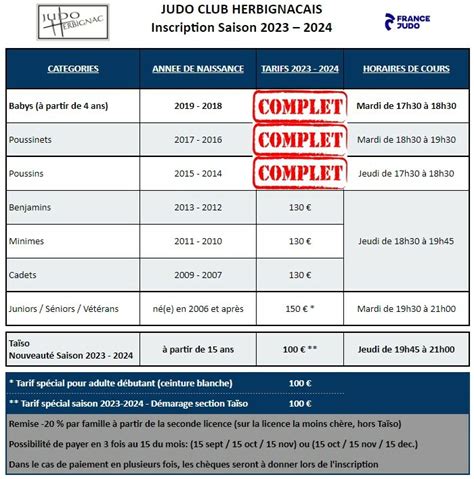 Horaires Et Tarifs Saison 2023 2024 Judo Club Herbignac