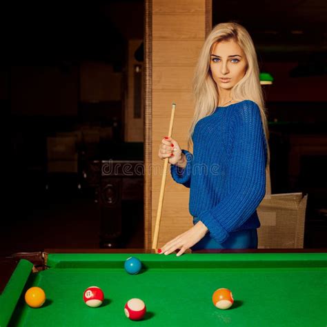 Glamour Beautiful Blonde Woman Plays Billiard Stock Photos Free