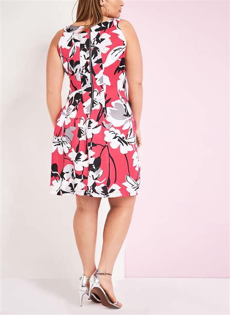 Floral Print Scuba Fit And Flare Dress Red Hi Res Plus Size Summer