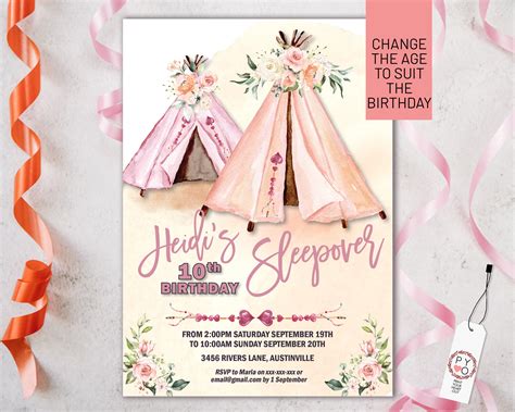 Sleepover Teepee Birthday Floral Invitation Slumber Party Invite Boho