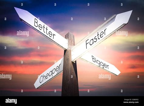 Better Faster Cheaper Bigger Concept Signpost With Four Arrows