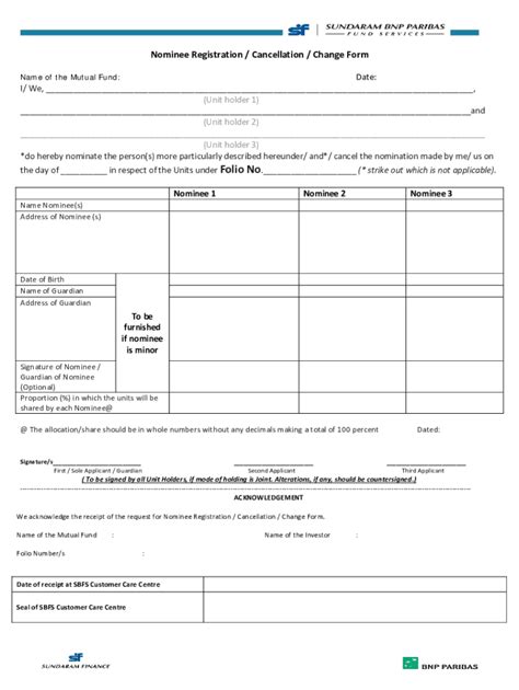 Fillable Online Nominee Registration Cancellation Change Form Fax