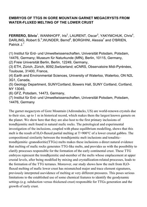 Pdf Embryos Of Ttgs In Gore Mountain Garnet Megacrysts From Water