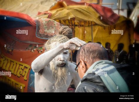 Sadhu Blessing Devotees For Editorial Use Only Allahabad Kumbh Mela