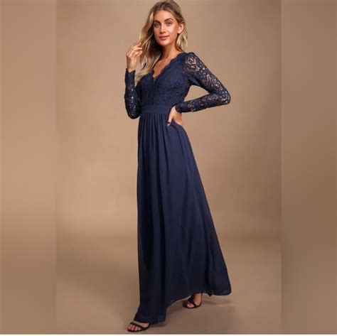 Lulus Dresses Awaken My Love Navy Blue Long Sleeve Lace Maxi Dress