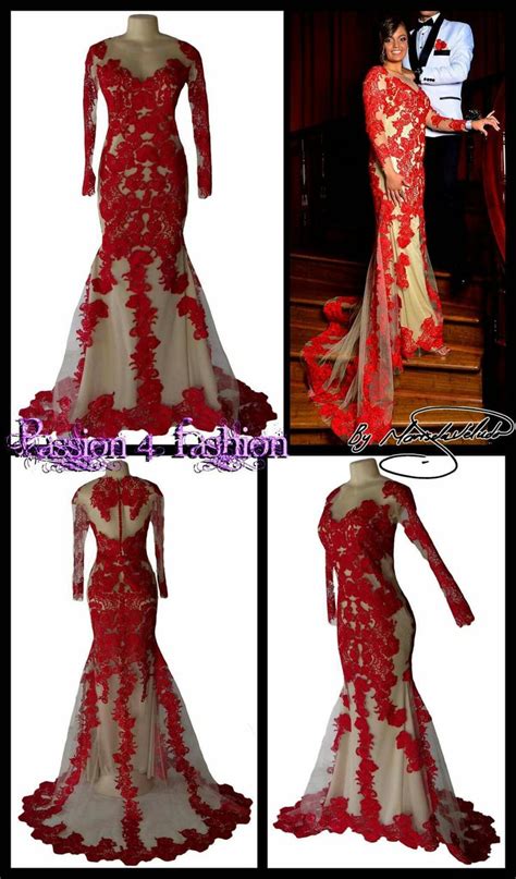 Red And Tan Lace Matric Dance Dress With Long Illusion Lace Sleeves A Train And Covered Buttons