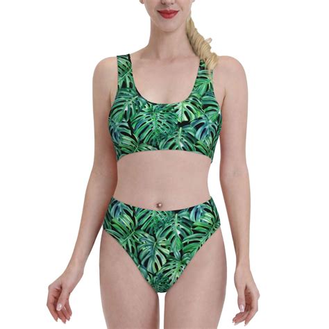 Haiem Monstera Leaves Women S High Waisted Bikini Set Two Piece Bathing