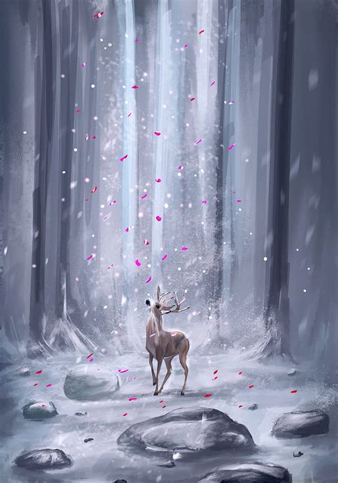 Deer, forest, petals, snow, ar, HD phone wallpaper | Peakpx