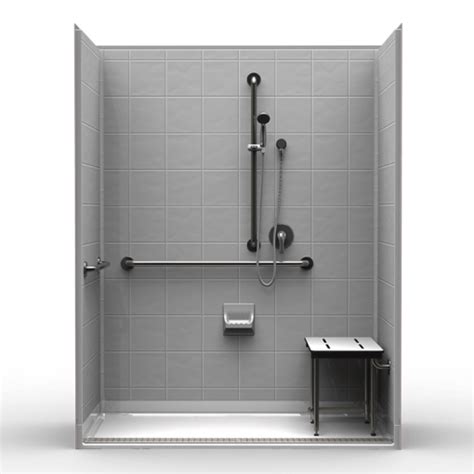 Ada Roll In Shower 5pc 63x33 8 Inch Tile Look W Front Trench Drain