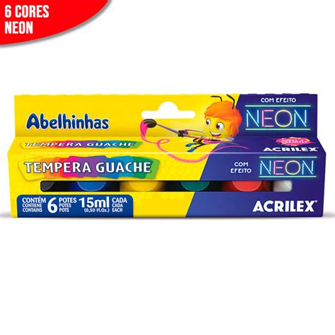 Tinta Guache Neon Acrilex 6 Cores 15 ML Tempera Guache JK LIVRARIA E