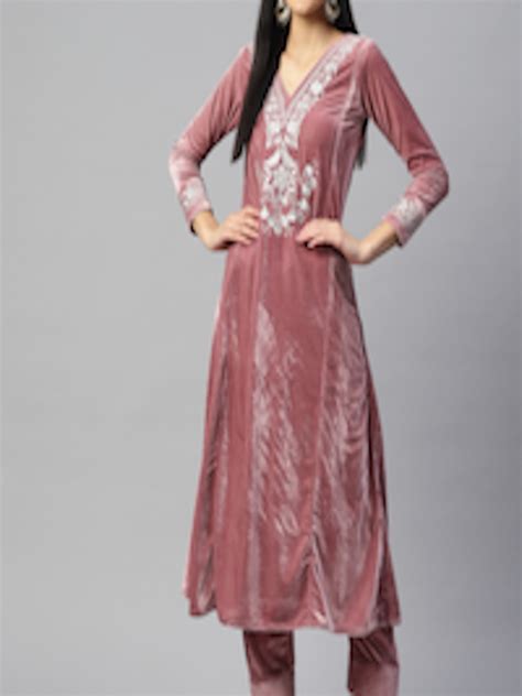 Buy Shades Women Floral Chikankari Velvet Kurta With Trousers Kurta