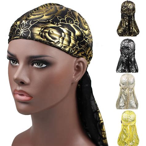 Mens Print Silky Durags Turban Hat Bandanas Headwear Rose Printed Men