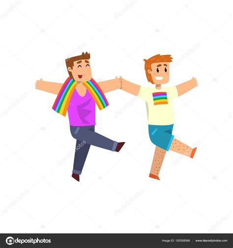 Image vectorielle Heureux gay couple arc en ciel drapeaux et symboles lgbt communauté célébrant