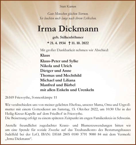 Traueranzeigen Von Irma Dickmann Nordwest Trauer De