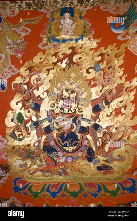 Tibetan Buddhist Art Gold Silk Tangka Painting Of Wrathful Deity