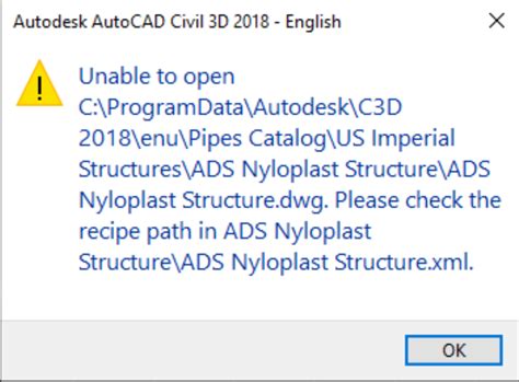 尝试在Civil 3D中打开ADS管道零件目录时显示无法打开请检查模板路径