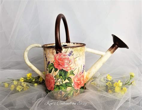 Decoupage Watering Can Romantic Golden Red Roses Etsy Garden Lover