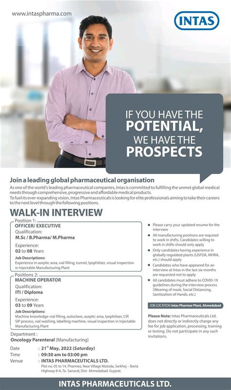 Intas Pharmaceuticals Walk In Interview For Oncology Parental