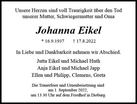 Traueranzeigen Von Johanna Eikel Vrm Trauer De