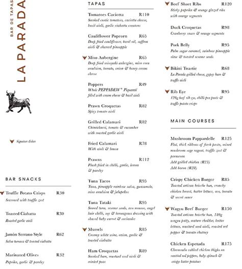 Menu At La Parada Vanda Waterfront Restaurant Cape Town 1 Dock Rd