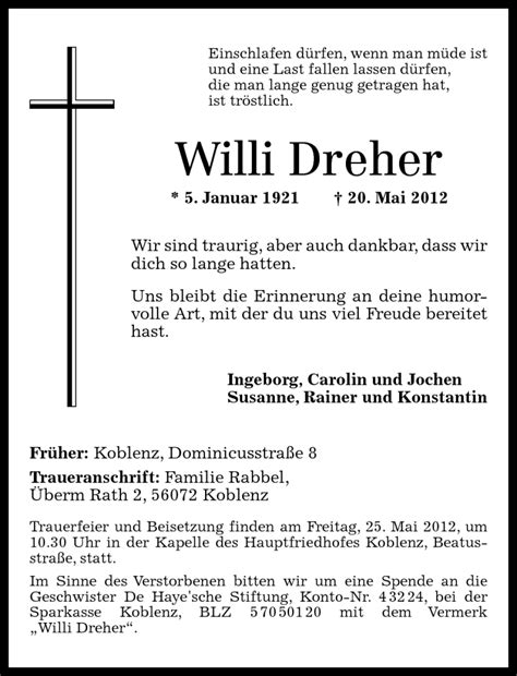 Traueranzeigen Von Willi Dreher Rz Trauer De