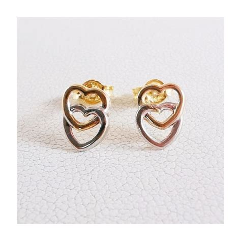 Boucles d Oreilles Puces Cœurs Bicolores Or 750 18 carats