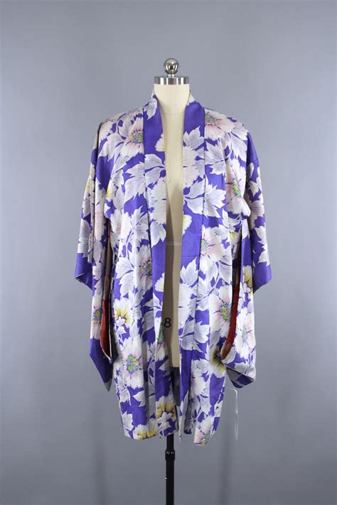 1920s Vintage Silk Haori Kimono Jacket With Purple Floral Print