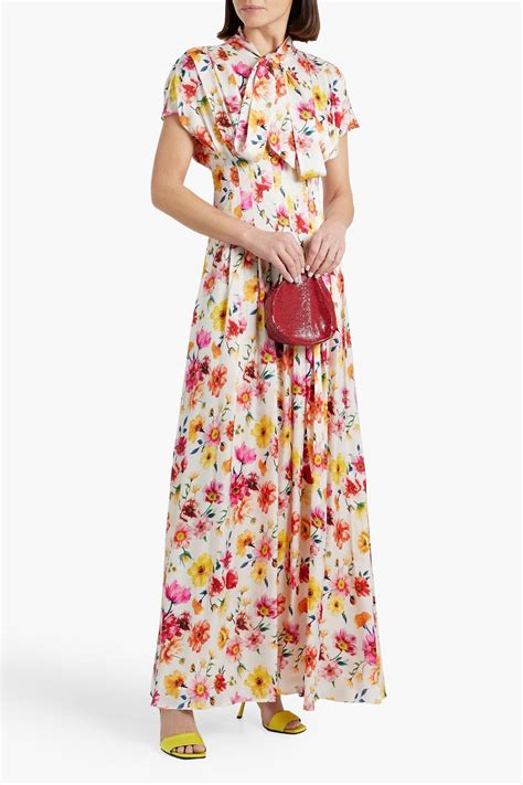 Mikael Aghal Pussy Bow Pleated Floral Print Satin Maxi Dress The Outnet