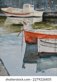 Watercolor Painting Boats Reflecting Sea Stock Illustration 2279226835 | Shutterstock