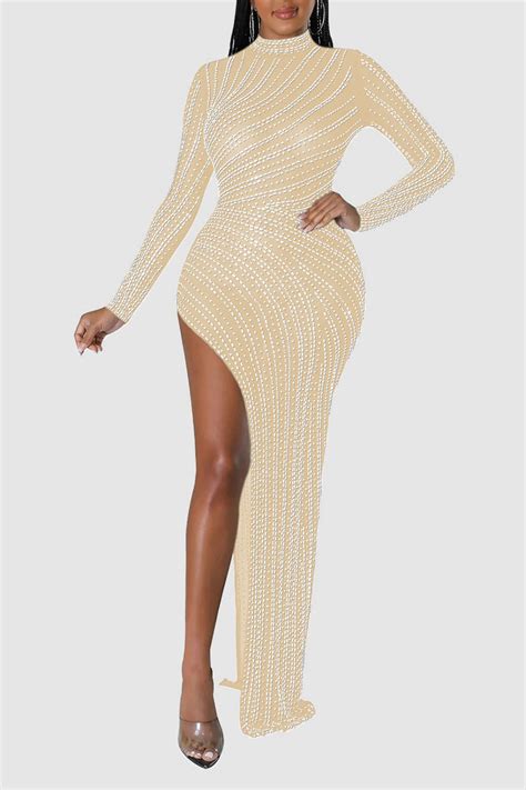 Apricot Sexy Solid Patchwork Slit Hot Drill Half A Turtleneck Evening Dress Dresses Formal