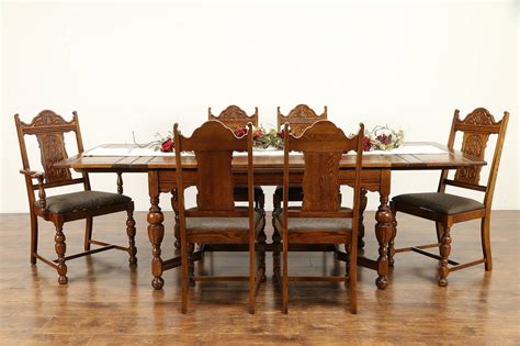 Bernhardt Signed Antique English Tudor Oak Dining Set Table 6 Chairs