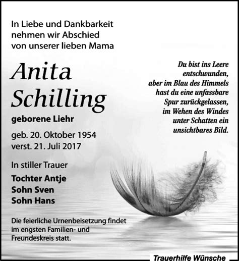 Traueranzeigen Von Anita Schilling Trauer Anzeigen De