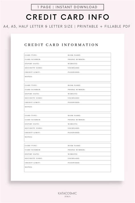 Credit Card Information Tracker Printable & Fillable, Credit Card ...