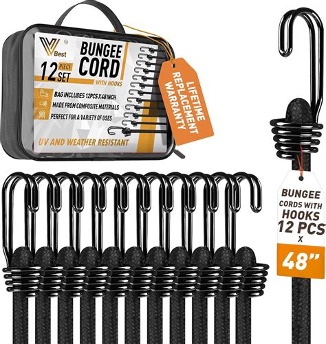 Vbest 12 Pcs 48 Inch Black Bungee Cords With Hooks Extra Long Bungee