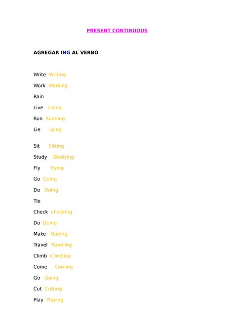 Present Continuous Actividades PRESENT CONTINUOUS AGREGAR ING AL