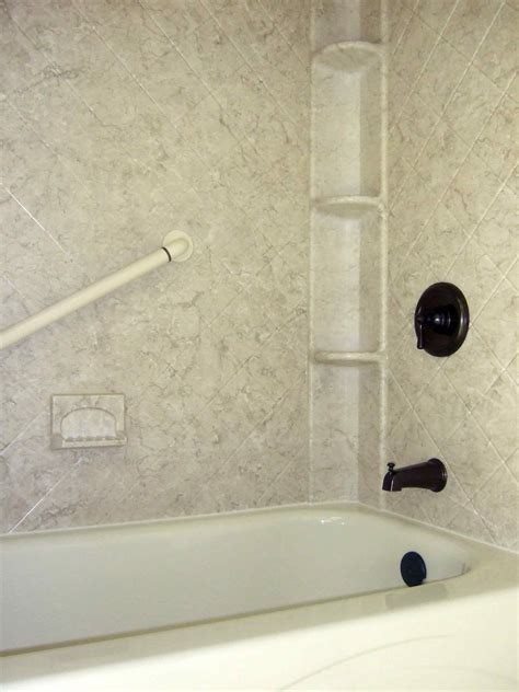 Acrylic Shower Walls With Breccia Pattern And Shower Caddy Shower