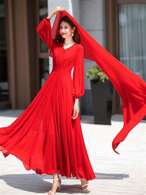 Women Formal Red Chiffon Dress Swing Maxi Dress Summer Etsy