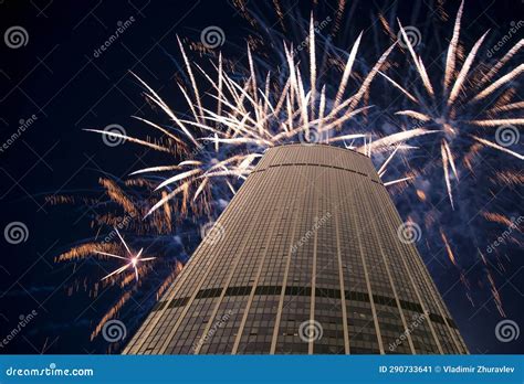 Celebratory Fireworks Over The Skyscrapers La Defense Paris France