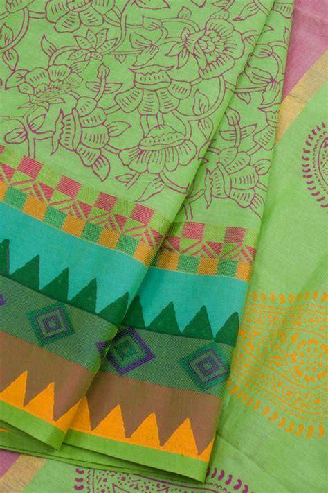 Green Hand Block Printed Cotton Saree