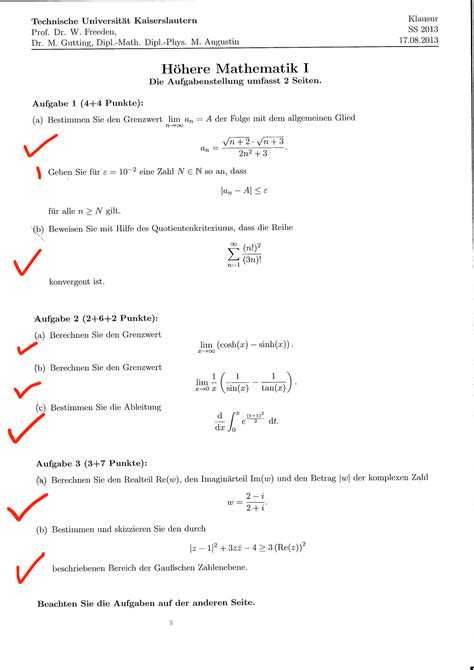 HM1 2013 SS Freden AK Altklausur Hoehere Mathematik 1 StuDocu