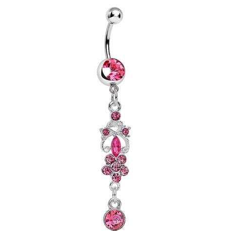 Pink Gem Antique Scrolls And Flower Dangle Belly Ring