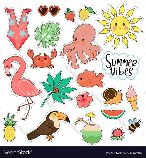 Set Cute Summer Stickers Isolated On White Vector Image