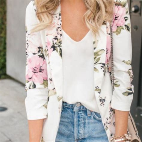 Casual White Floral Print Blazer Womens Dress Jackets Edgy Couture