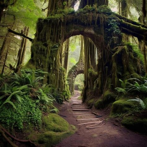 Premium AI Image Arafed Archway In A Forest With Moss Growing On The