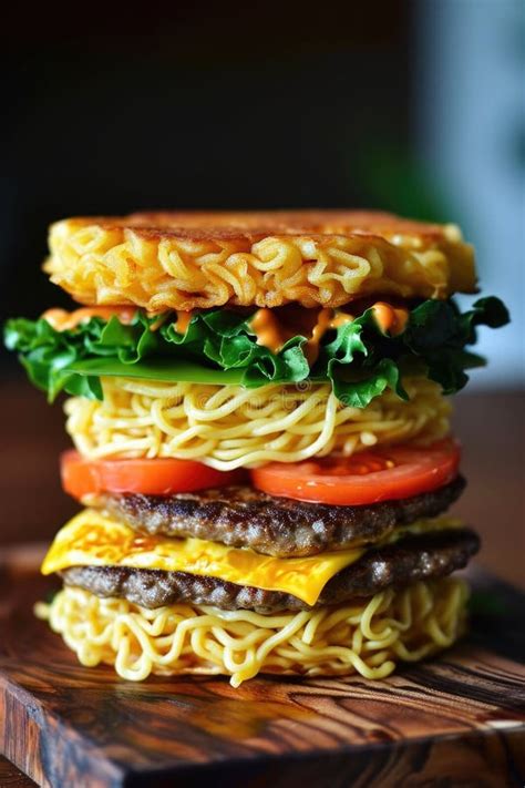 Ramen Noodle Burger With Lettuce Tomato And Cheese Creative Fusion