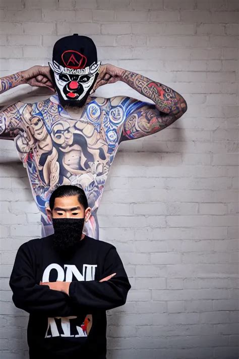 Asian Guy With Oni Mask Stand In Front Of Wall With Stable Diffusion