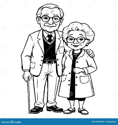 Grandma and Grandpa . Fictional Characters. Black and White Cartoon. Design for Greeting Cards ...