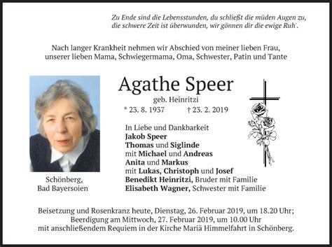 Traueranzeigen Von Agathe Speer Trauer Merkur De