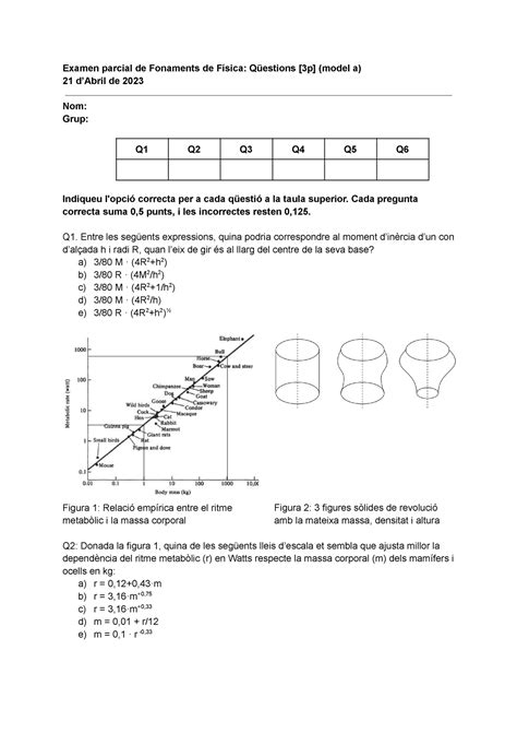 Examen 1a Examen De Fisica Model A Examen Parcial De Fonaments De