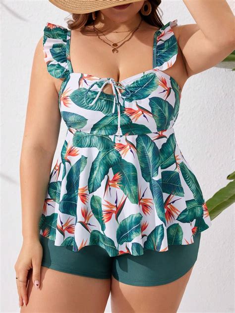 Shein Swim Lushore Plus Size Summer Beach Tropical Print Ruffle Trim